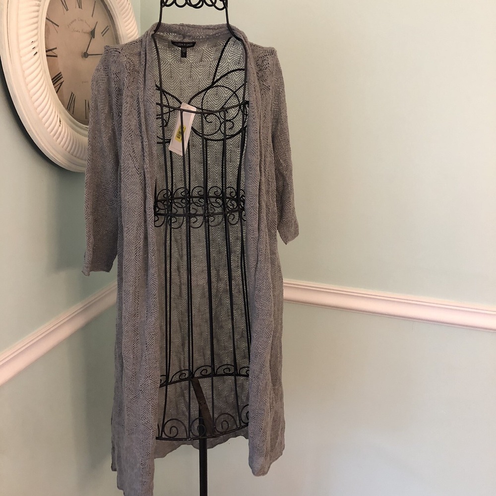 Eileen Fisher Gray Grey NWT Open Cardigan Knit Long S/S Washable Wool L